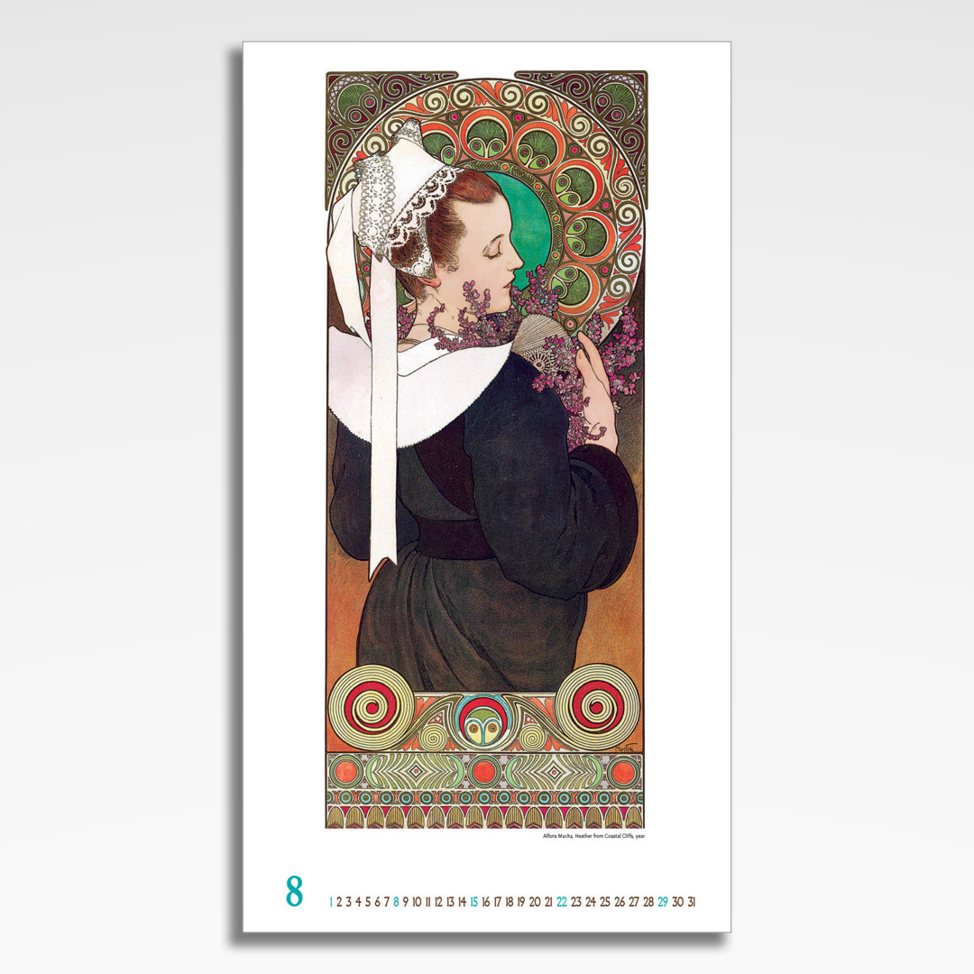 Kalendarz wieloplanszowy Alfons Mucha (20szt.) - 11 kalendarz wieloplanszowy alfons mucha, plansza sierpień z grafiką tematyczną