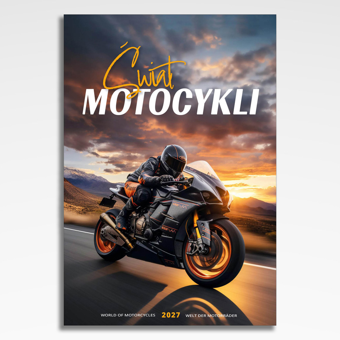 kalendarz wieloplanszowy świat motocykli, okładka kalendarza z grafiką tematyczną i spiralą Wire-O
