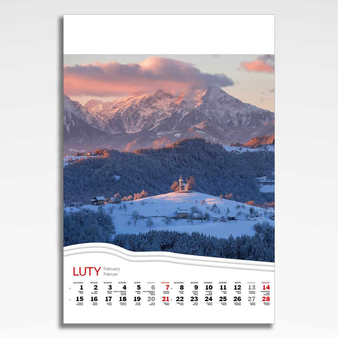 Kalendarz wieloplanszowy Alpy (20szt.) - 5 kalendarz wieloplanszowy alpy, plansza luty z grafiką tematyczną