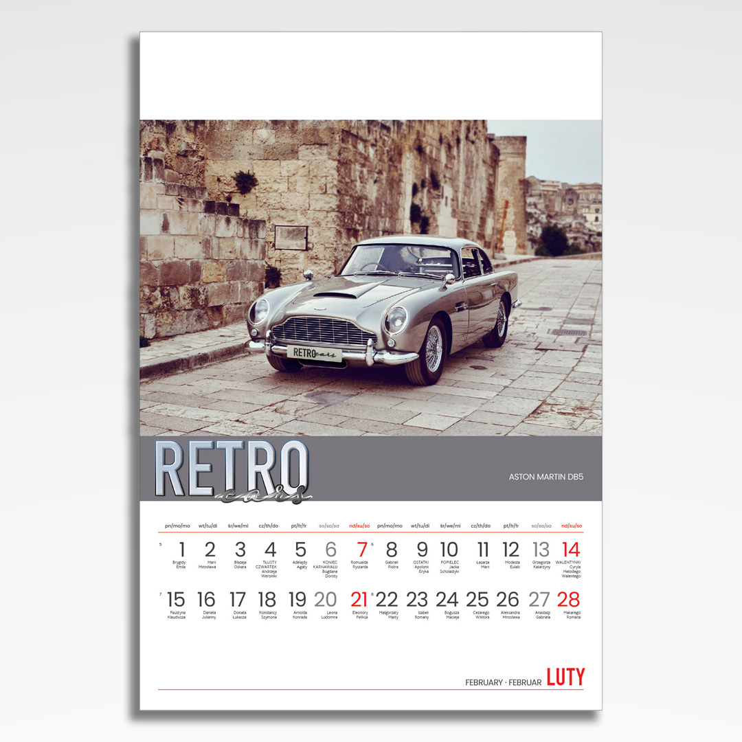 Kalendarz wieloplanszowy Retro Cars (20szt.) - 5 kalendarz wieloplanszowy retro cars, plansza luty z grafiką tematyczną