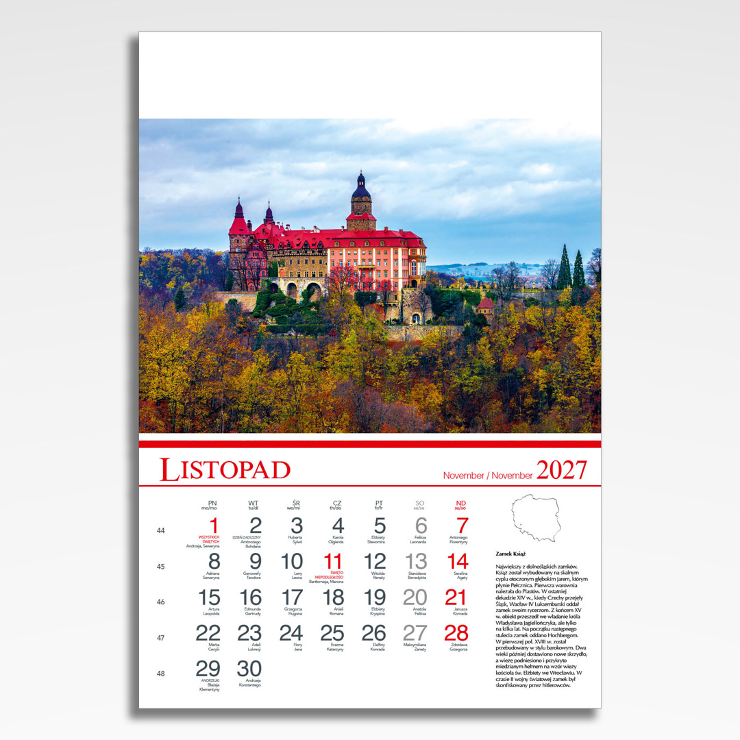 Kalendarz wieloplanszowy Polskie Zamki i Pałace (20szt.) - 14 kalendarz wieloplanszowy polskie zamki i palace, plansza listopad z grafiką tematyczną