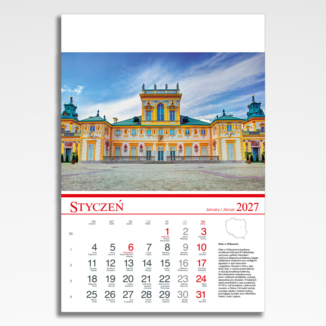 Kalendarz wieloplanszowy Polskie Zamki i Pałace (20szt.) - 4 kalendarz wieloplanszowy polskie zamki i palace, plansza styczeń z grafiką tematyczną