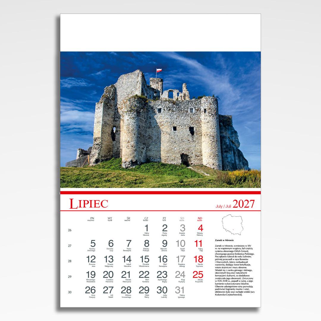 Kalendarz wieloplanszowy Polskie Zamki i Pałace (20szt.) - 10 kalendarz wieloplanszowy polskie zamki i palace, plansza lipiec z grafiką tematyczną