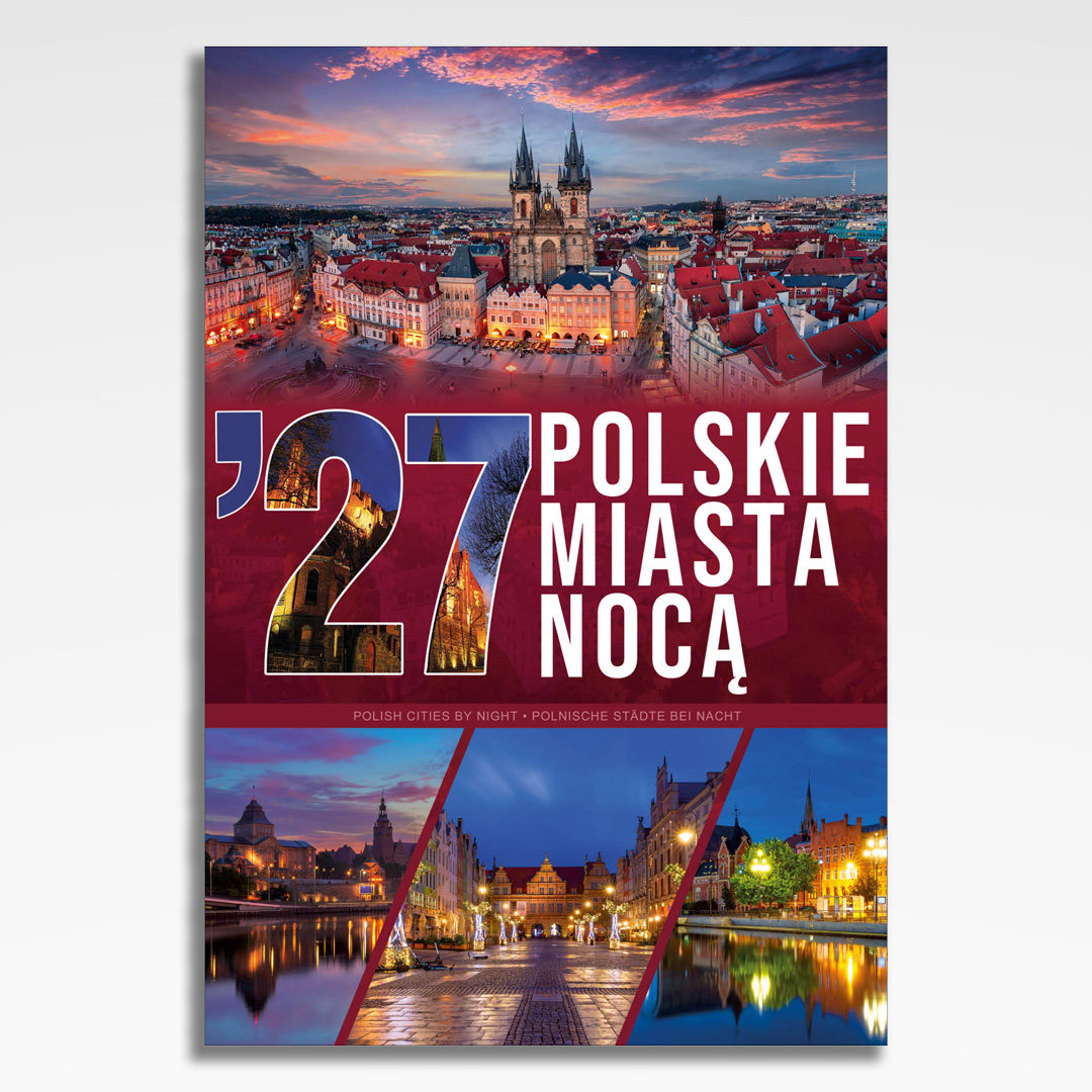 kalendarz wieloplanszowy polskie miasta noca, okładka kalendarza z grafiką tematyczną i spiralą Wire-O